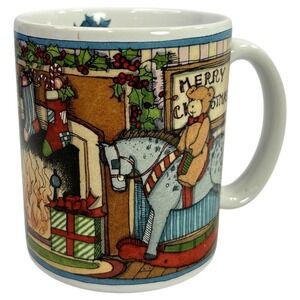 Susan Winget Merry Christmas Teddy Bear Rocking Horse Cat Fireplace Coffee Mug